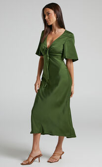 Nicholla Midi Dress - Ruched Front Angel Sleeve Slip Dress in Olive