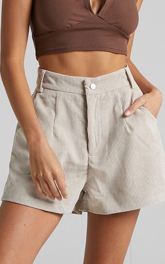 Tovil Shorts - High Waisted Corduroy Shorts in Beige