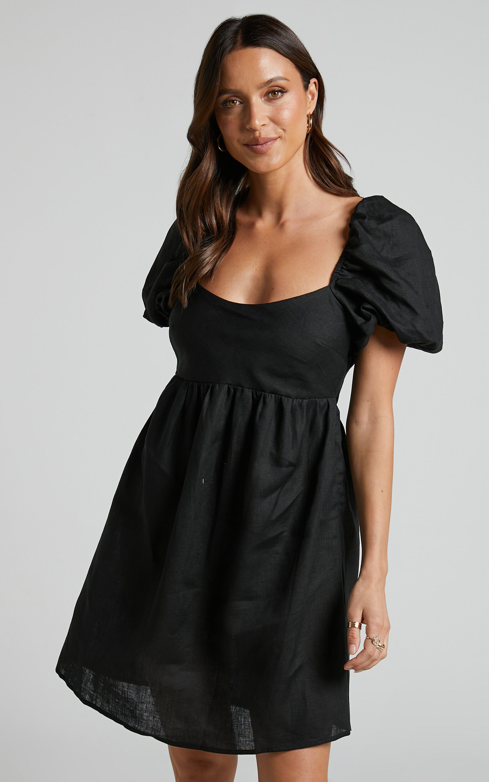Amalie The Label - Charlotte Linen Puff Sleeve Open Back Mini Dress in Black - 06, BLK1, super-hi-res image number null