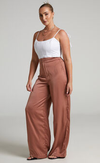 Reika High Waisted Satin Wide Leg Pants in Pink Clay