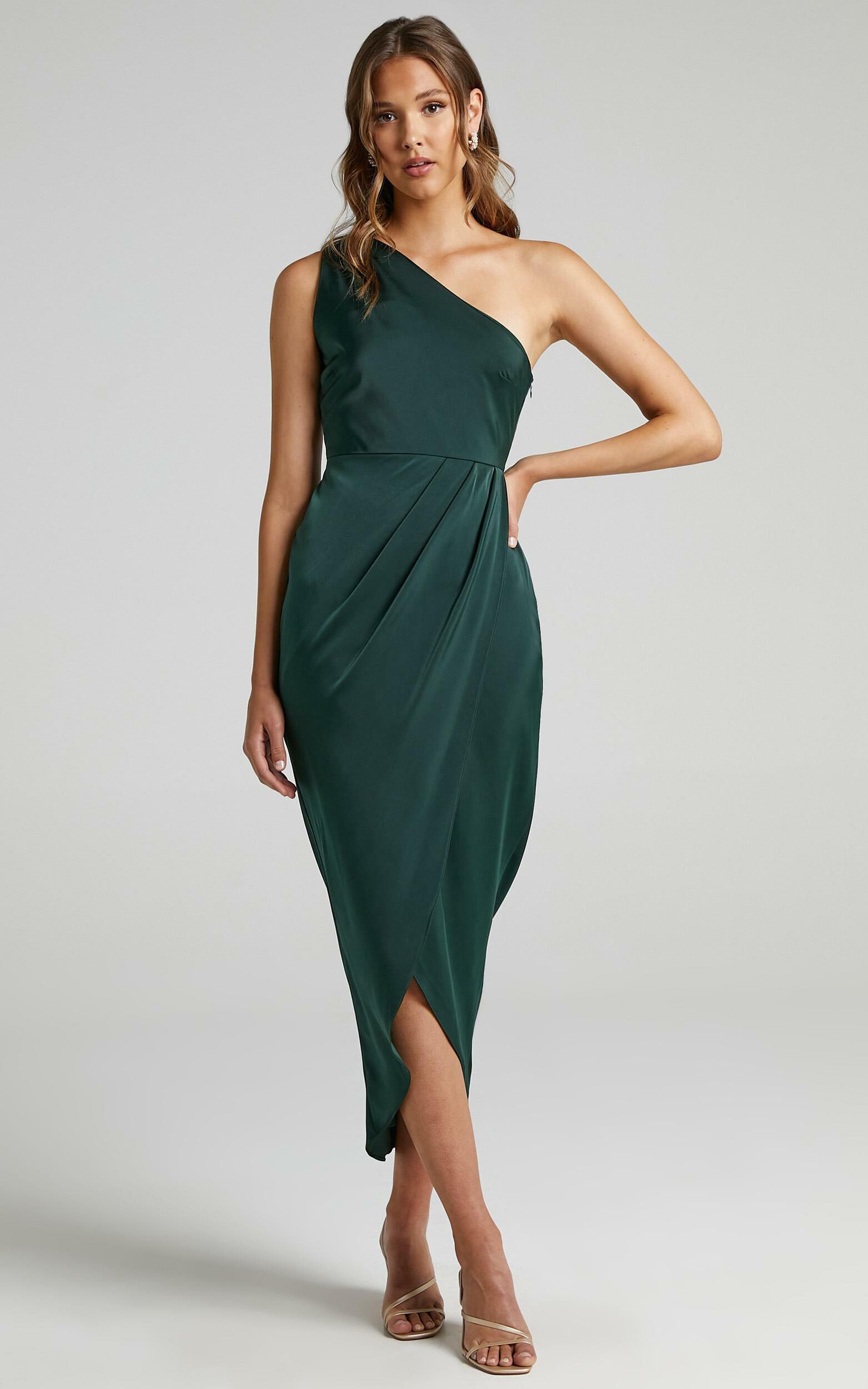 Felt So Happy Midi Dress - One Shoulder Drape Dress in Emerald | Showpo USA