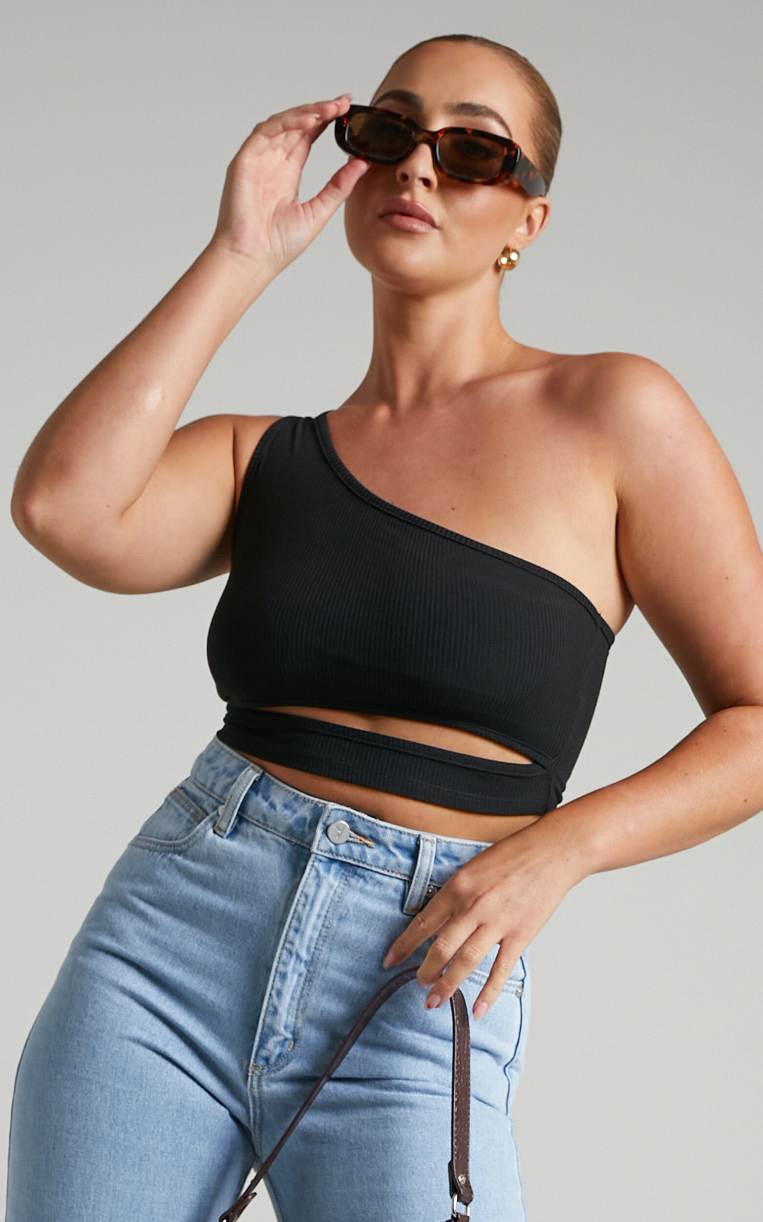 Joellyn Asymmetric Front Cut Out Ribbed Crop Tank in Black - 06, BLK1, super-hi-res image number null
