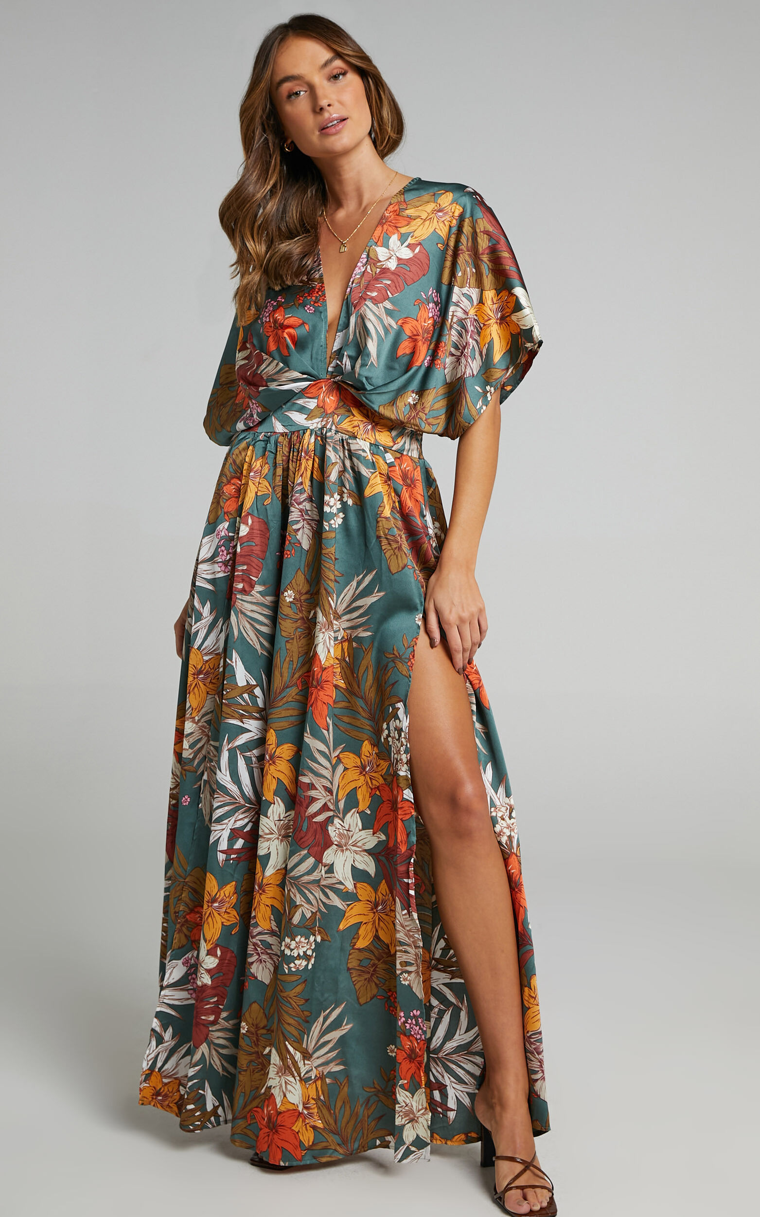 Vacay Ready Midi Dress - Plunge Thigh Split Dress in Teal Floral Satin - 20, BLU9
