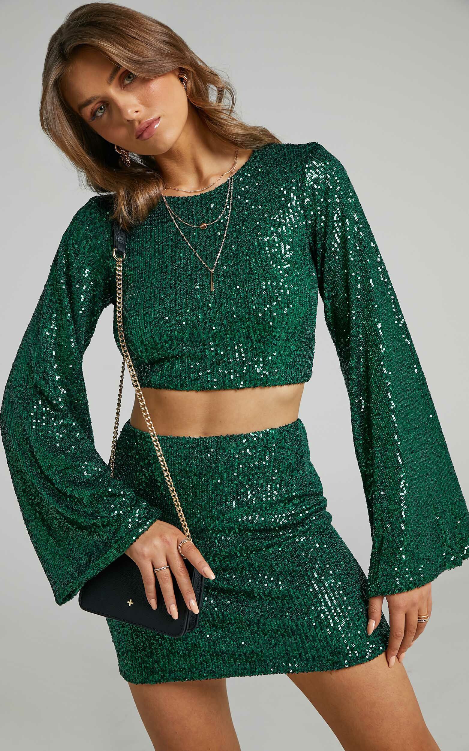 Tianee Mini Skirt in Emerald Sequin - 06, GRN1, super-hi-res image number null