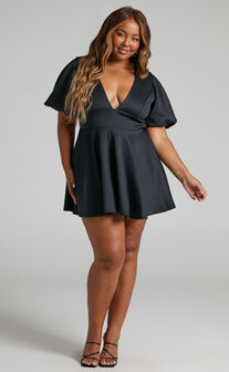 Margerie Puff Sleeve Fit and Flare Mini Dress in Black
