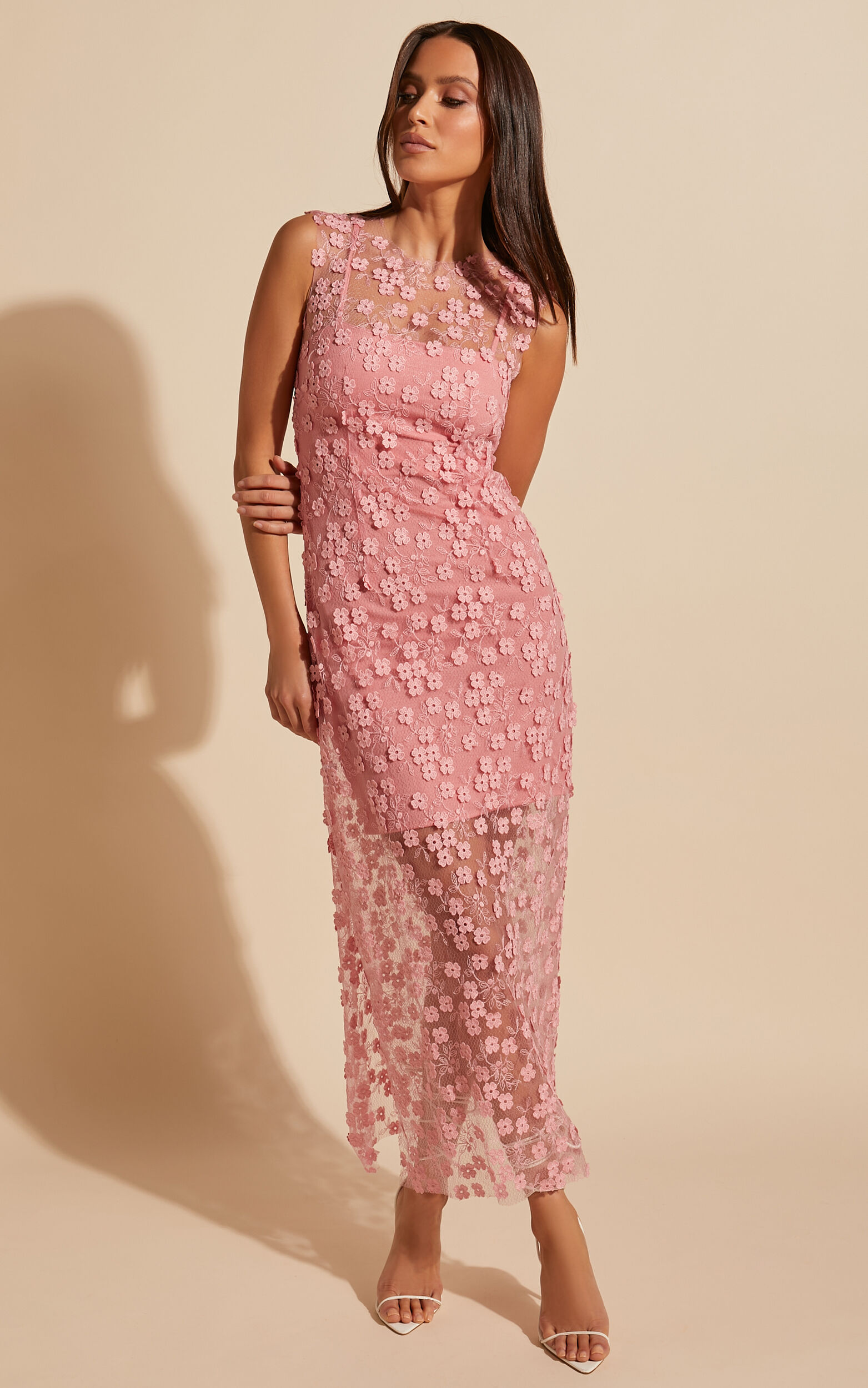 Hazel Midi Dress - 3D Flower Net Bodycon Dress in Pink - 06, PNK1