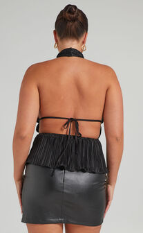 Chiara Plisse Pleated Backless Halter Neck Top in Black