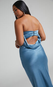 Charlita Strapless Cowl Back Satin Maxi Dress in Steel Blue