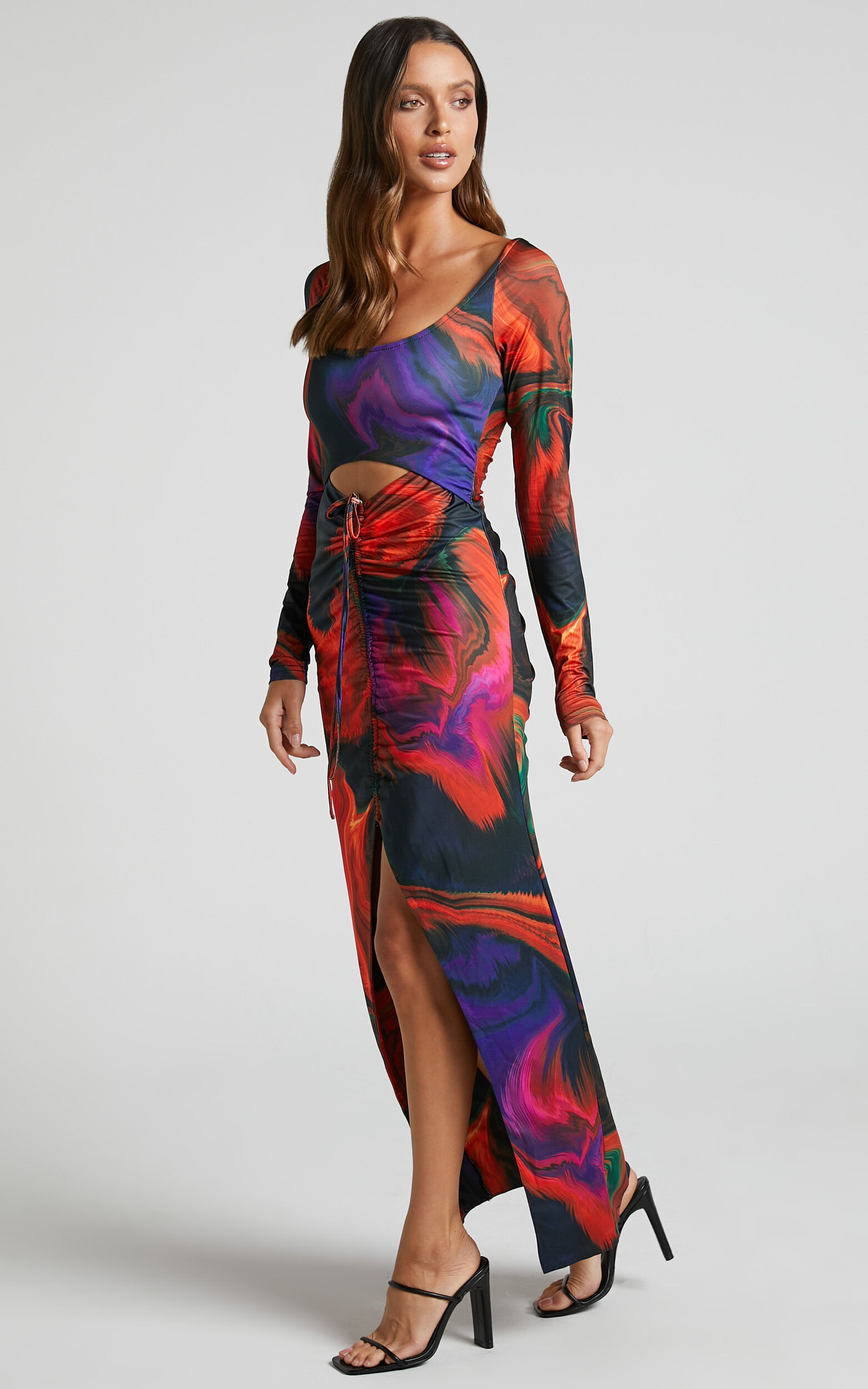 Rhaine Midi Dress - Cut Out Ruched Front Split Long Sleeve Dress in Phoenix Rising - 04, MLT1