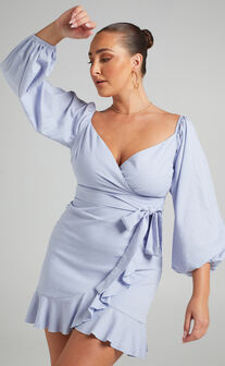 Cant Move On Off Shoulder Mini Dress in Powder Blue Linen Look