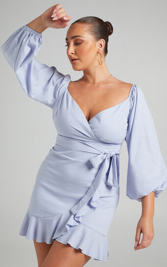Cant Move On Off Shoulder Mini Dress in Powder Blue Linen Look