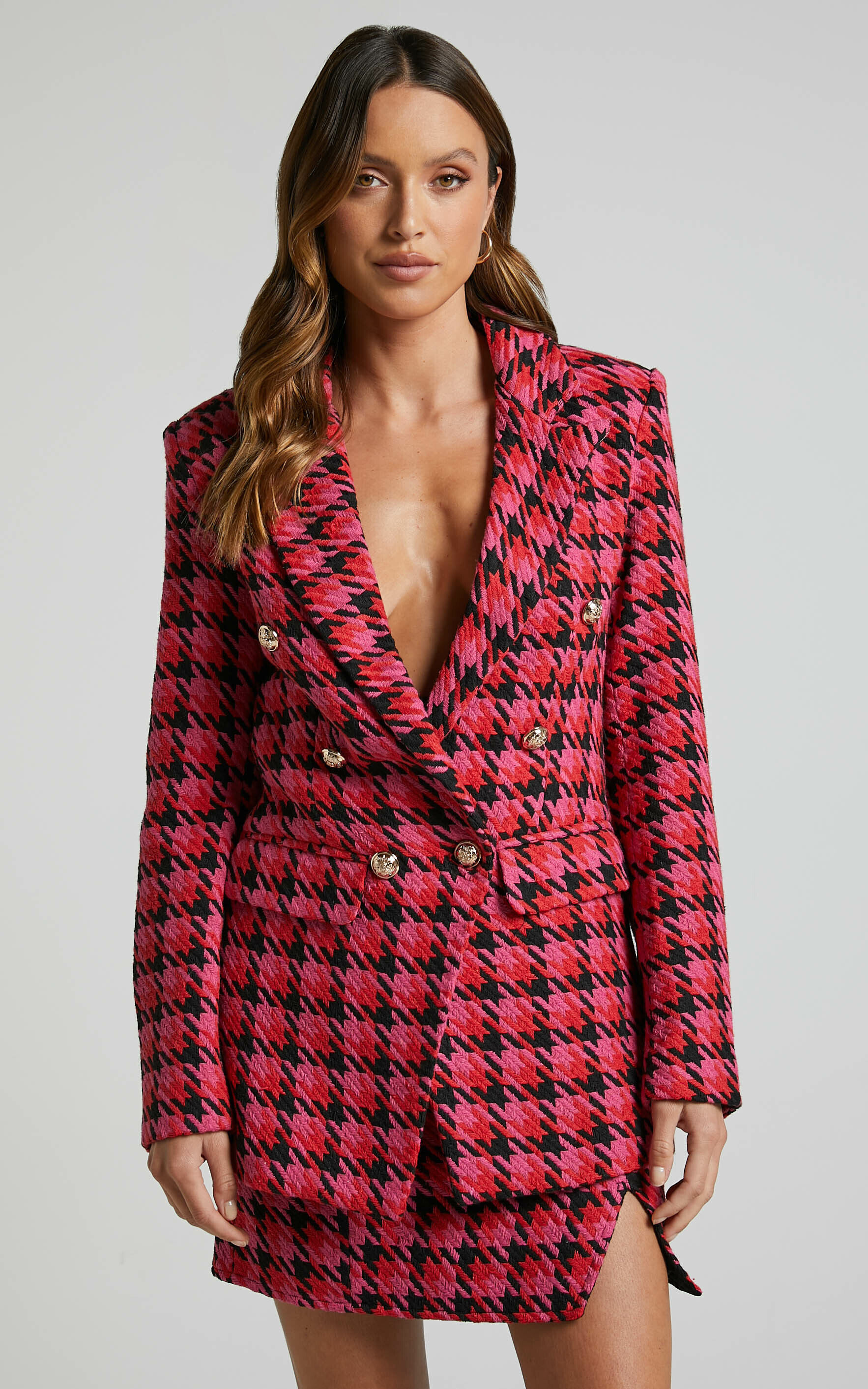 Marjoe Button Detail Blazer in Pink and Black Check - 04, PNK1, super-hi-res image number null