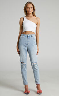 Izira Ripped Mom Jeans in Mid Blue Wash