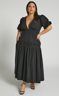 Mellie Midaxi Dress - Puff Sleeve Plunge Tiered Dress in Black