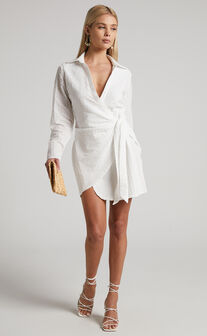 Rayfa Mini Dress - Long Sleeve Textured Wrap Dress in White