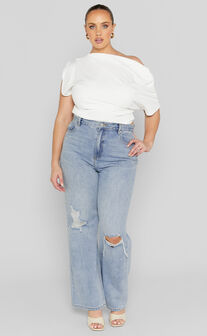 Miho Jeans - High Waisted Recycled Cotton Distressed Wide Leg Denim Jeans in Mid Blue Wash