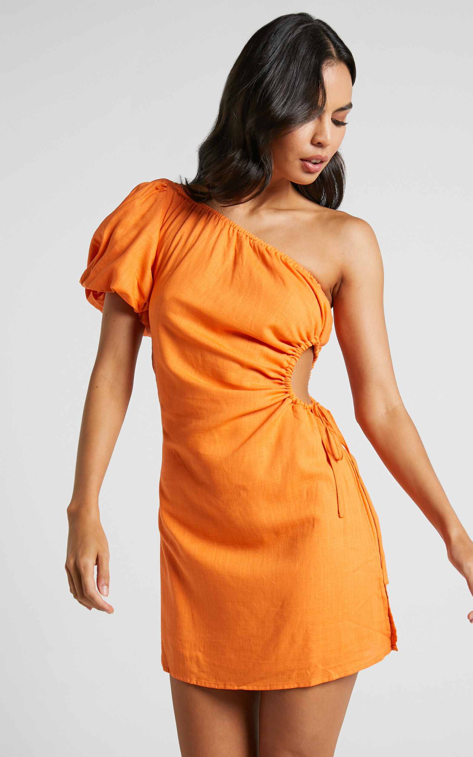 Alondra Mini Dress - One Shoulder Puff Sleeve Tie Waist Dress in Orange - 06, ORG2, super-hi-res image number null