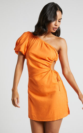 Alondra Mini Dress - Linen Look One Shoulder Puff Sleeve Tie Waist Dress in Orange