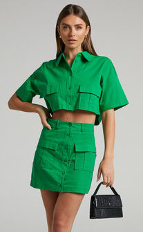 Navine Button Front Crop Top and Cargo Pocket Mini Skirt Two Piece Set in Green