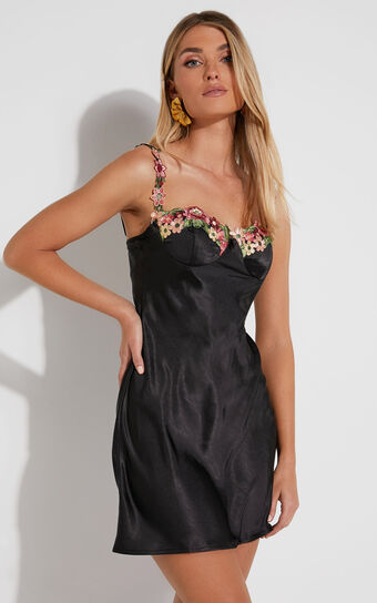 Euphony Mini Dress- Floral Detail Cup Bust Satin Dress in Black