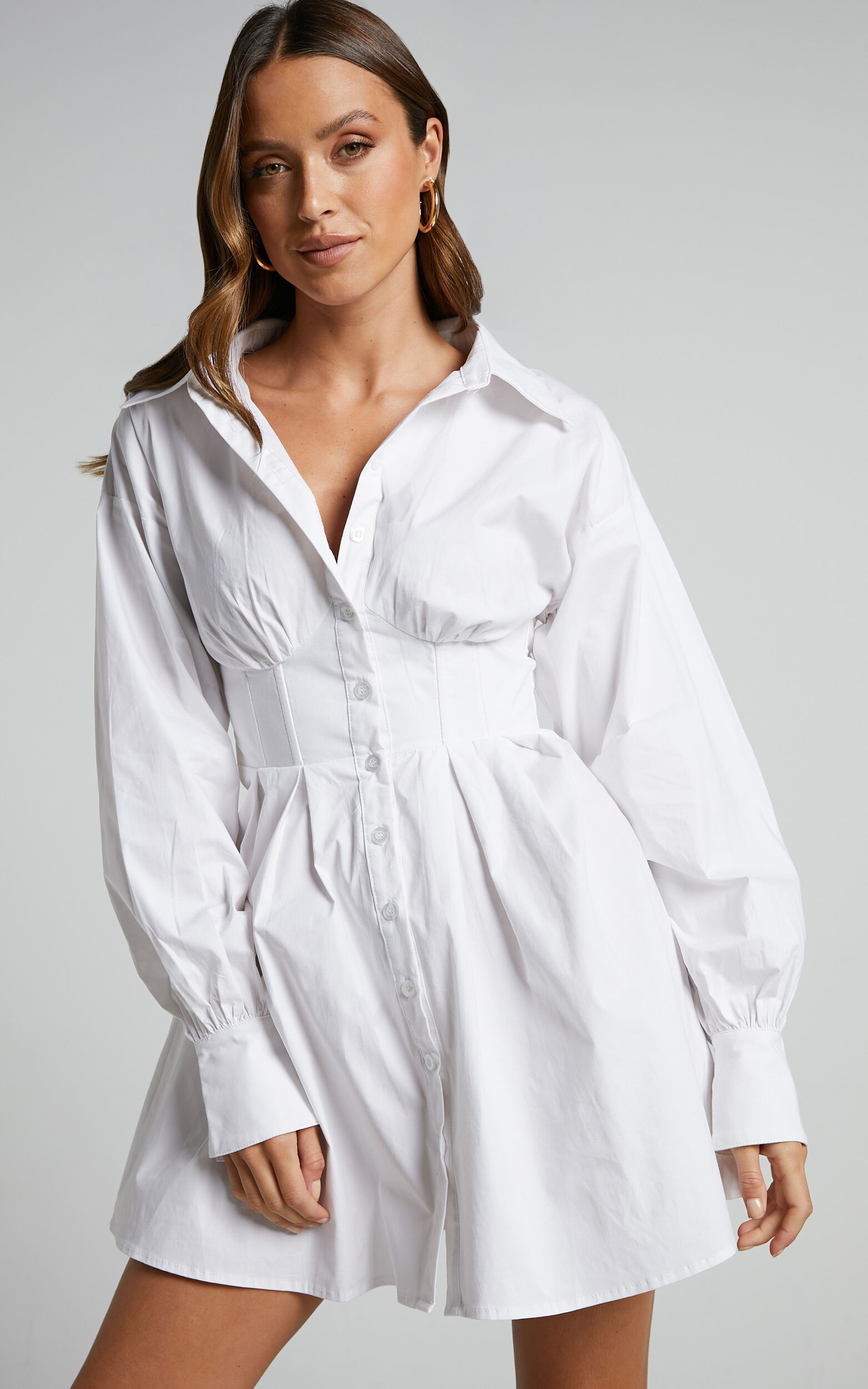 Claudette Mini Dress - Long Sleeve Corset Shirt Dress in White - 06, WHT2