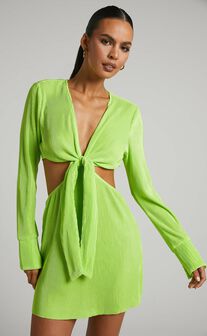 Elowen Mini Dress - Plisse Long Sleeve Tie Front Dress in Lime