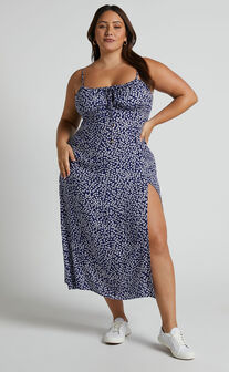 Willa Midi Dress - Ruched Bust Thigh Split Dress in Blue Floral