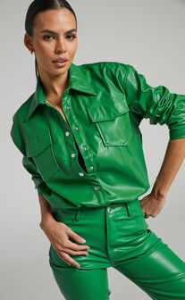 Selenia Button Front Faux Leather Shirt in Green
