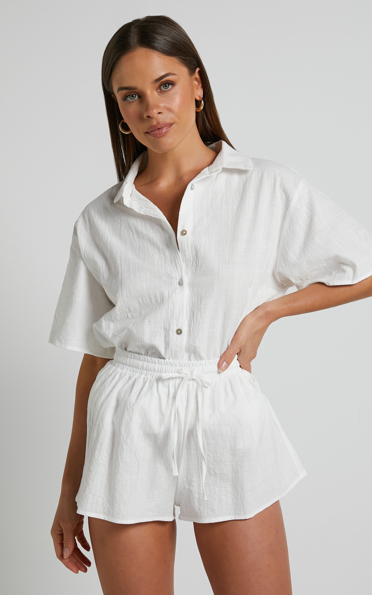 Vina del Mar Button Up Shirt and Shorts Two Piece Set in White - 04, WHT2, super-hi-res image number null