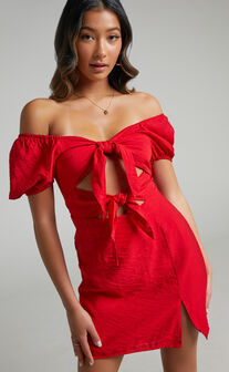 Alexandrine Double Bow Short Sleeve Mini Dress in Red