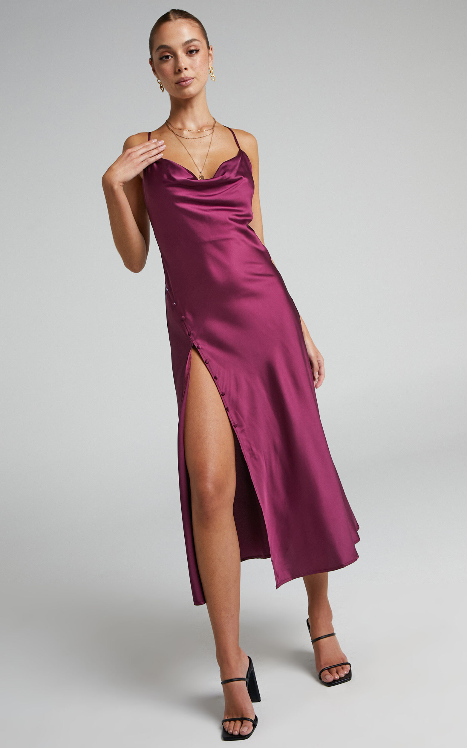 Flordeliza Midi Dress - Cowl Neck Thigh Slit Slip Dress in Magenta - 04, WNE3