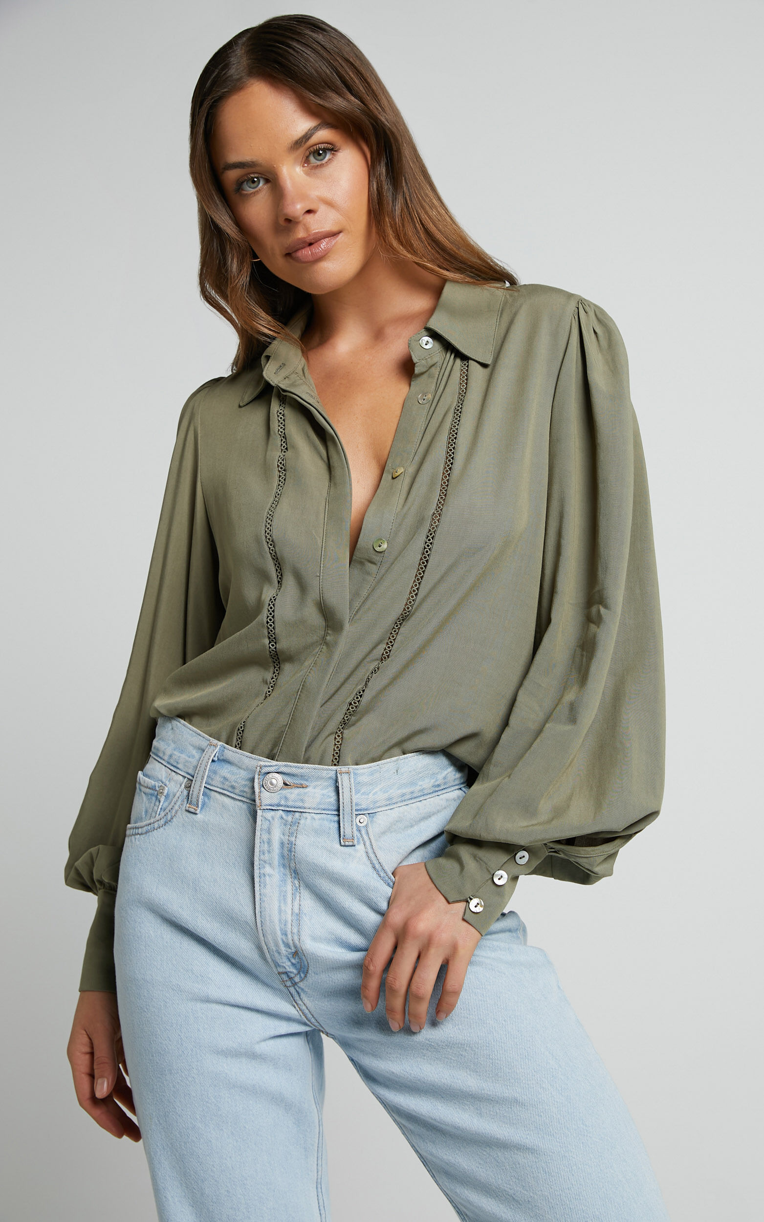 Alaric Blouse - Button Through Long Sleeve Blouse in Olive - 06, GRN1