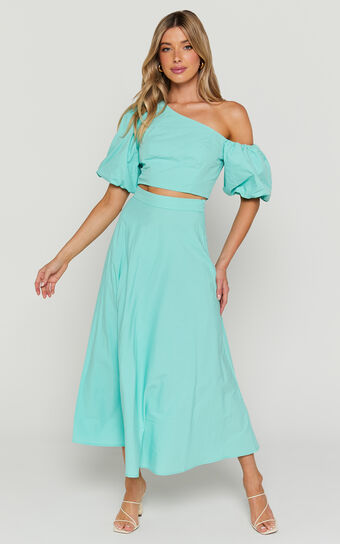 Austin Two Piece Set - Asymmetrical Top and Midaxi Skirt Set in Auqa