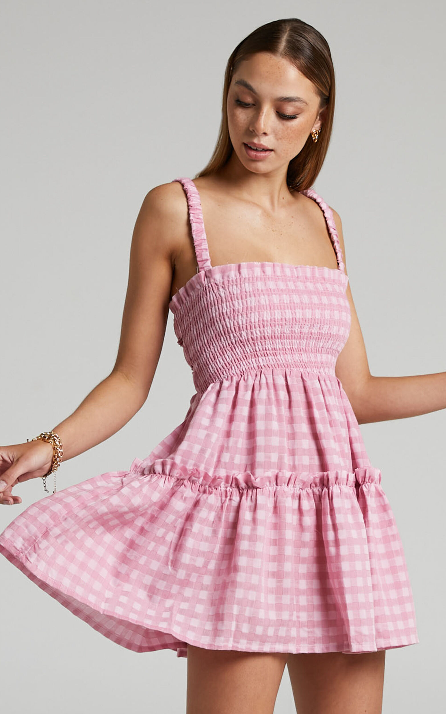 Wilda Mini Dress - Shirred Tiered Dress in Pink Check - 04, PNK1