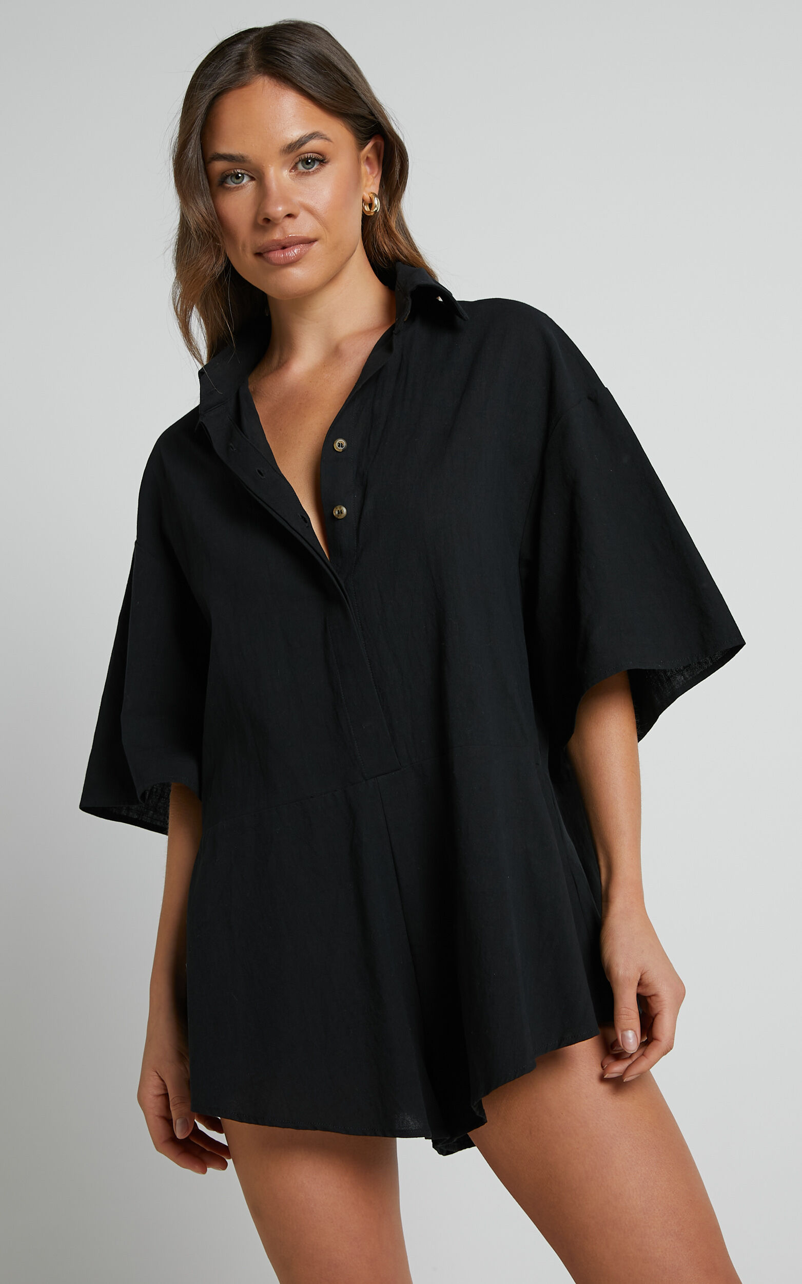 Ankana Playsuit - Short Sleeve Relaxed Button Front Playsuit in Black - 06, BLK1, super-hi-res image number null