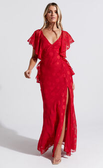 Polly Maxi Dress - V Neck Flutter Sleeve Thigh Split in Red