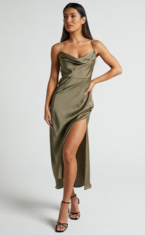 Khalani Midi Dress - Deep V Neck Satin Slip Dress in Dark Olive - Cocktail Dresses