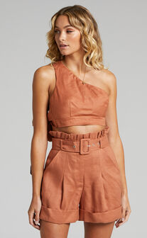 Amalie The Label - Georganna Linen Paper Bag Belted Shorts in Rust