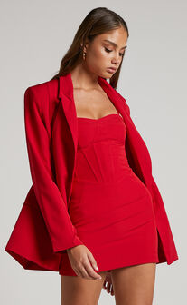 Sharmiel Plunge Neck Oversized Longline Blazer in Red
