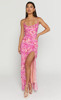 Manuella Maxi Dress - Cowl Neck Slit Slip Dress in Pink