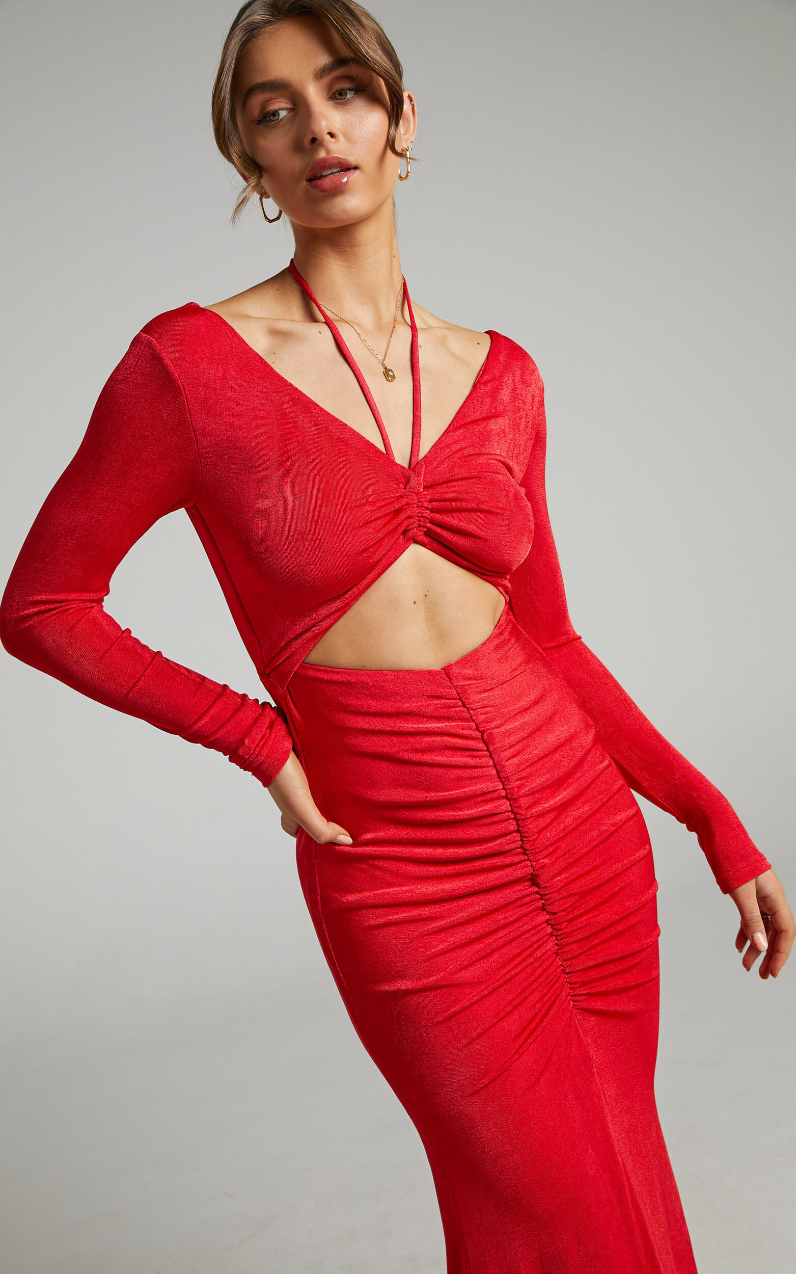 Lina long sleeve maxi dress with cut out in Red - 04, RED2, super-hi-res image number null