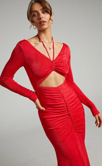 Lina long sleeve maxi dress with cut out in Red