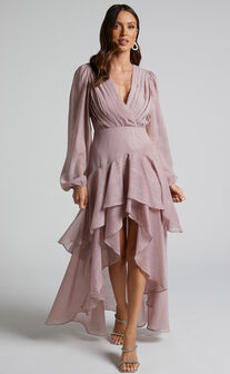 Claudita Maxi Dress - Long Sleeve High Low Hem Dress in Dusty Rose