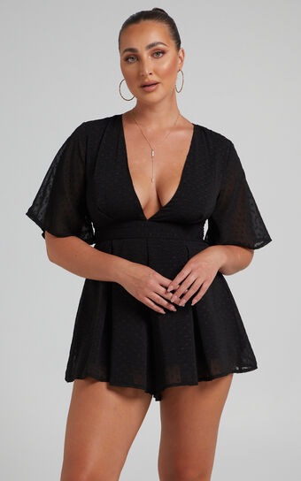Chains Hit My Chest Plunge Mini Playsuit in Black