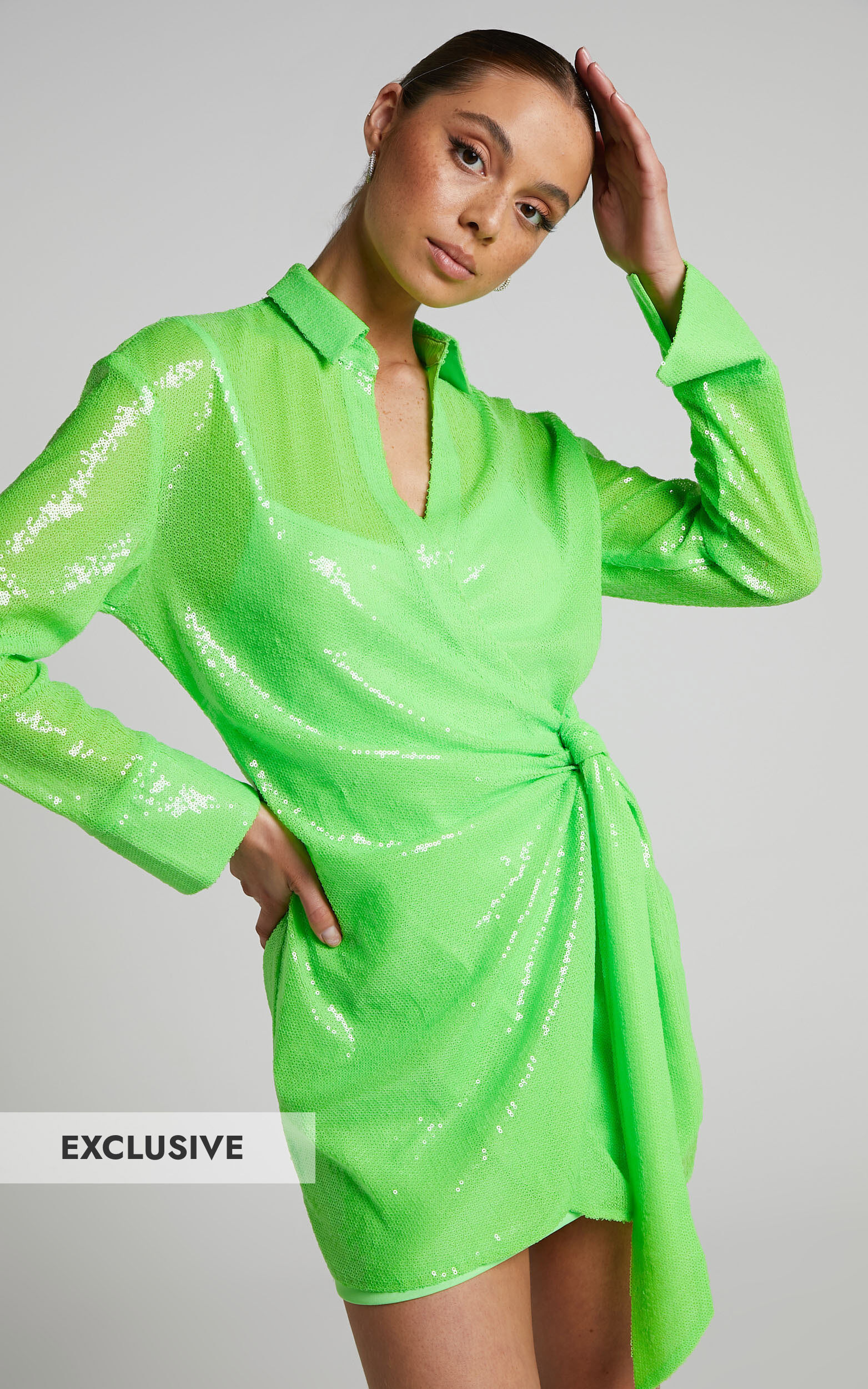 4th & Reckless - Idella Shirt Dress in Lime Sequin - 06, GRN1, super-hi-res image number null