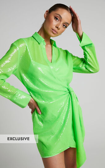 4th & Reckless - Idella Shirt Dress in Lime Sequin
