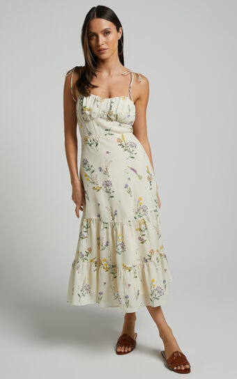 Monaco Midi Dress - Strappy Sweetheart Tiered Dress in Botanical floral