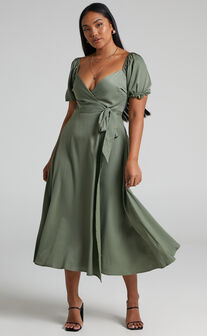 Cressida Midi Dress - Puff Sleeve Wrap Dress in Olive