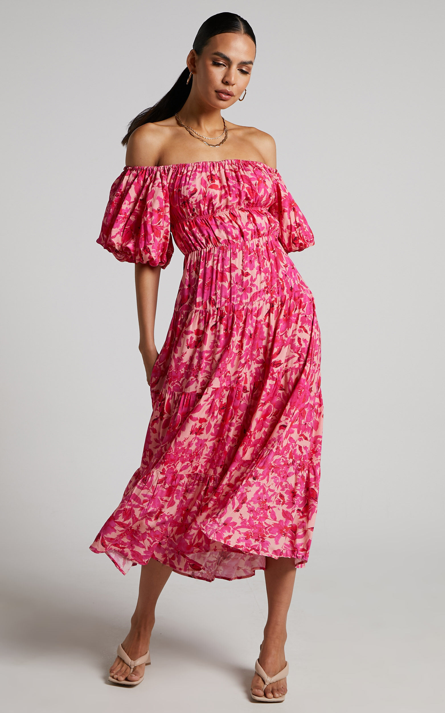 Delilah Midi Dress - Off Shoulder Puff Sleeve Tiered Dress in Pink Floral - 06, PNK2