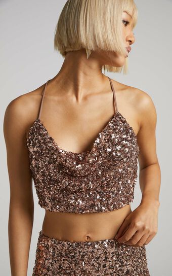 Eljay Top - Sequin Cowl Cropped Cami in Rose Gold